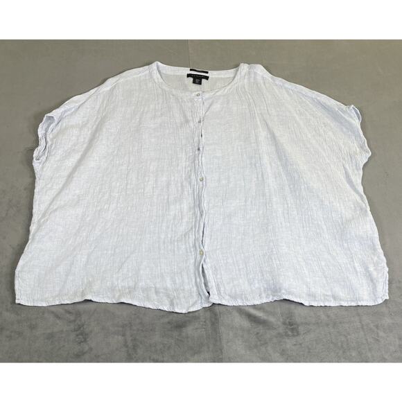 2)Tahari Womens Medium Light Blue & White Linen Button Front Oversized Shirt - Picture 2 of 15